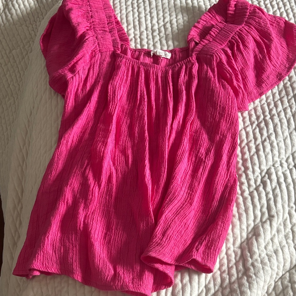 Blu Pepper Hot Pink Puff Sleeve Textured Blouse